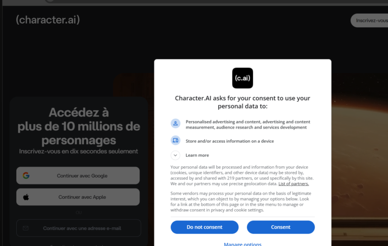 Capture d'écran de la page d'accueil de Character.AI