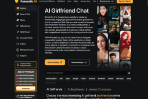 Capture d'écran de la page d'accueil de Romantic AI
