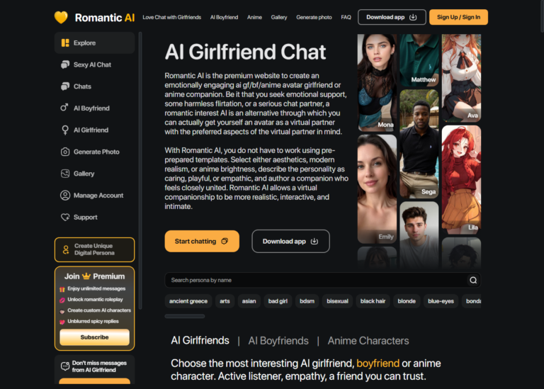 Capture d'écran de la page d'accueil de Romantic AI
