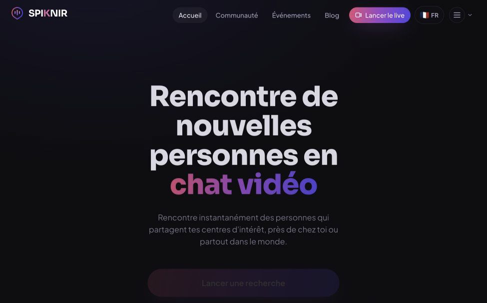 Partie haute de l’accueil français de SpikNir présentant le chat vidéo